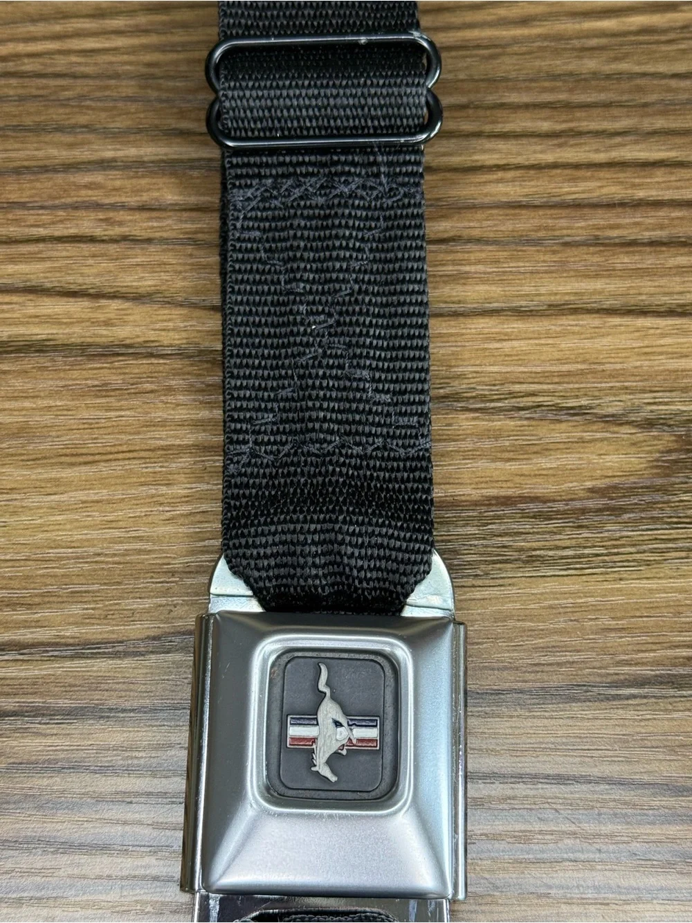 Ford Mustang Black Seatbelt-Style Belt with Chrome Pony Buckle
